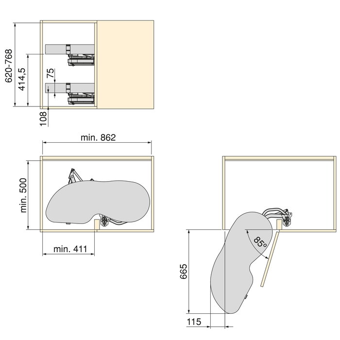 Emuca Systéme d’angle Lake Harmony pour meuble de cuisine, Gauche, Hauteur réglable, Acier et Bois, Gris anthracite