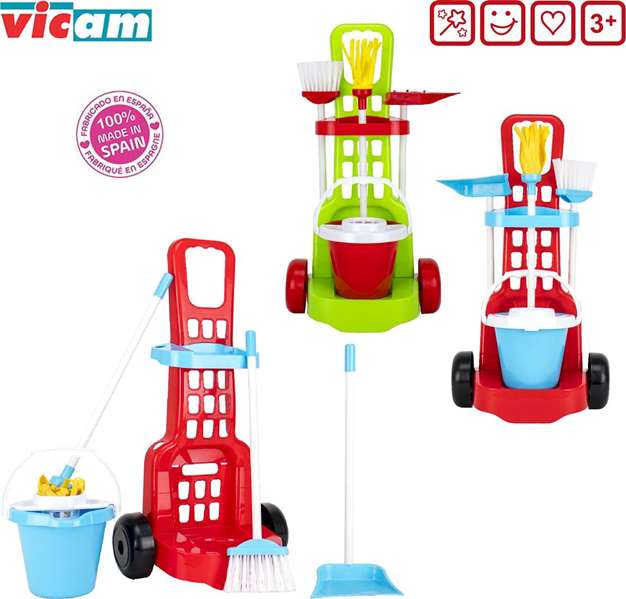 Vicam - Chariot de nettoyage enfant avec balai, serpillière, seau et pelle, jouet d'imitation pour 3 ans et plus, modèle assorti