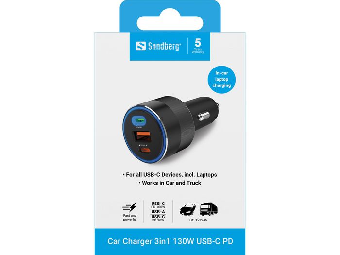 Sandberg Chargeur Allume-Cigare 3-en-1 130W avec USB-C PD 100W, Recharge Rapide pour Smartphone, Tablette et PC
