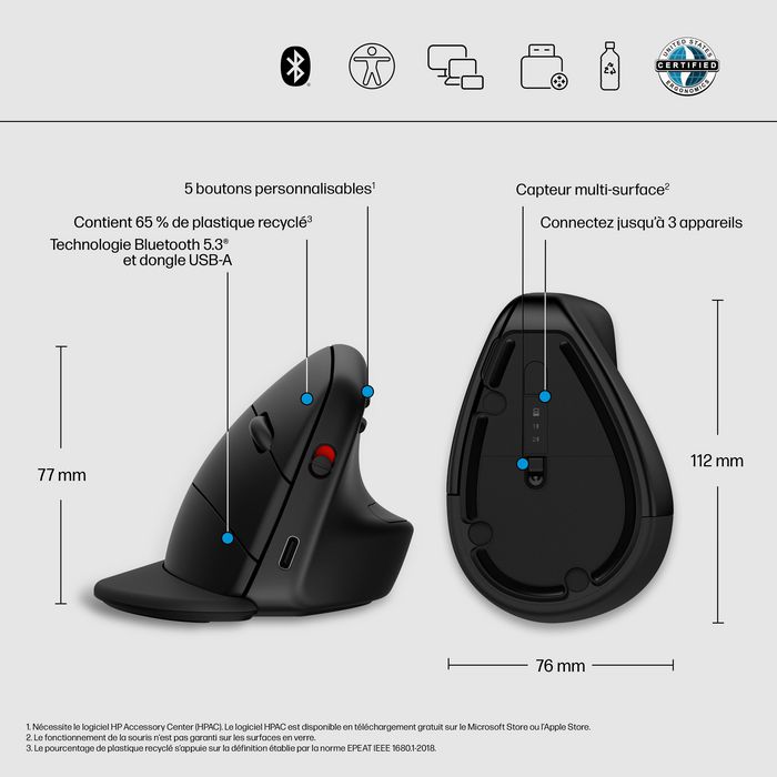 HP Souris verticale ergonomique sans fil 925 avec récepteur USB intégré et repose-poignet magnétique - Confort professionnel