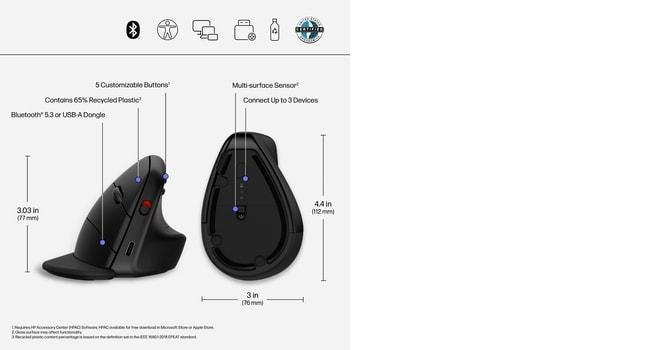 HP Souris verticale ergonomique sans fil 925 avec récepteur USB intégré et repose-poignet magnétique - Confort professionnel