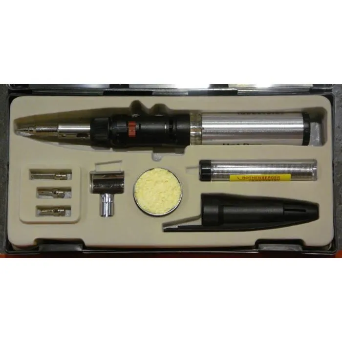 Rothenberger - Set de soudage professionnel Hot Pen Piezo 1450°C - 10 pièces incluant fer à souder au gaz, embouts et accessoires - Coffret de rangement