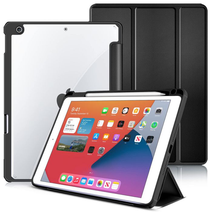 eSTUFF Étanchéité: Étui avec Port Apple Pencil pour iPad 10,2" - Coque Rigide Arrière Transparente et Rabat Magnétique avec Fonction Réveil/Veille - Noir