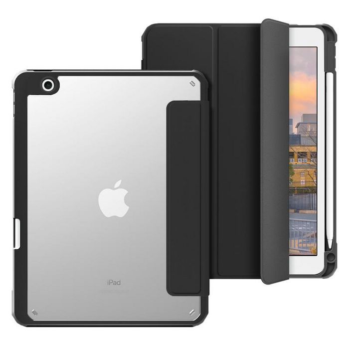 eSTUFF Étanchéité: Étui avec Port Apple Pencil pour iPad 10,2" - Coque Rigide Arrière Transparente et Rabat Magnétique avec Fonction Réveil/Veille - Noir