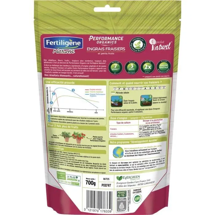 Fertiligene Engrais Performance Organics Fraisiers et Petits Fruits - Végétal enrichi au Guano - Effet visible en 7 jours - 700 g