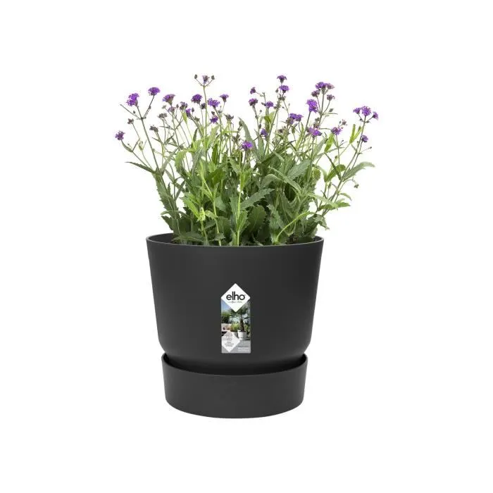 Elho Pot de fleurs rond Greenville 30 pour exterieur, Ø 29.5 x H 27.8 cm, 13.3 litres, reservoir d'eau integre, resistant au gel, plastique 100% recycle, couleur Vivre Noir