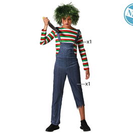 Déguisement enfant muñeco maldito, costume Halloween avec chemise à rayures et salopette, garçon 5-6 ans, taille 5-6 ans