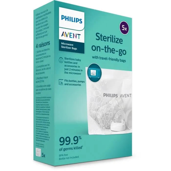 Philips Avent - Sachets de stérilisation pour micro-ondes - Jusqu'à 20 utilisations par sachet - Élimine 99.9% des bactéries en 90s - Lot de 5 sachets Philips Avent - Sachets de stérilisation pour micro-ondes - Jusqu'à 20 utilisations par sachet - Élimine 99.9% des bactéries en 90s - Lot de 5 sachets