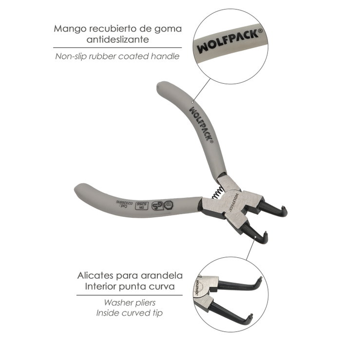 WOLFPACK LINEA PROFESIONAL Pince à anneau pour circlips intérieurs courbes 125 DIN5256 WOLFPACK LINEA PROFESIONAL Pince à anneau pour circlips intérieurs courbes 125 DIN5256