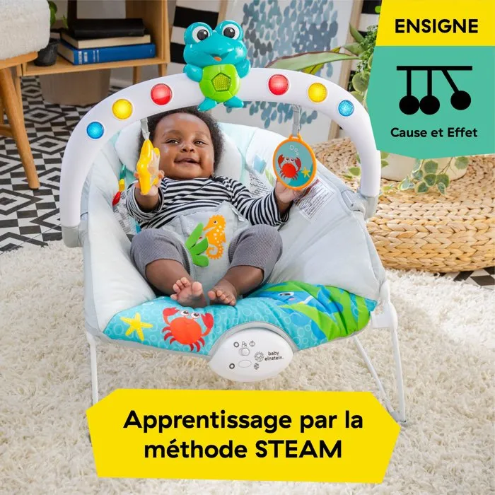 Baby Einstein Transat bébé Neptune Ocean Explorers, avec vibrations, lumières et 15 mélodies, activation par coup de pied