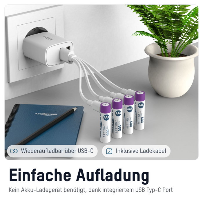 Ansmann Lot de 4 piles rechargeables Lithium-ion AAA 400 mAh avec câble USB-C Ansmann Lot de 4 piles rechargeables Lithium-ion AAA 400 mAh avec câble USB-C