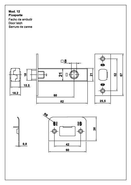 AMIG Picaporte Tubu C/Rec Nº12/45Mm. Cuero Cuadradillo 8Mm Frente 67X26Mm