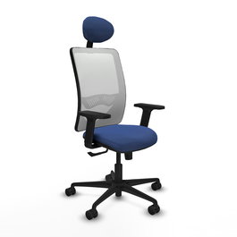 Chaise Zulema Synchro 3 positions tissu Bleu foncé Maille Blanc Base en nylon noir Accoudoir 2D Appui-tête Roulettes 65mm nylon