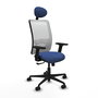 Chaise Zulema Synchro 3 positions tissu Bleu foncé Maille Blanc Base en nylon noir Accoudoir 2D Appui-tête Roulettes 65mm nylon