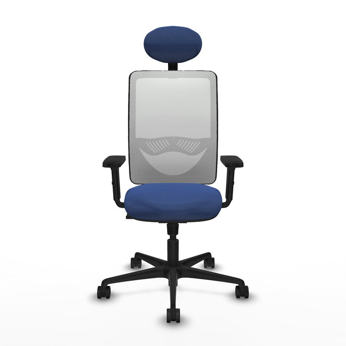 Chaise Zulema Synchro 3 positions tissu Bleu foncé Maille Blanc Base en nylon noir Accoudoir 2D Appui-tête Roulettes 65mm nylon