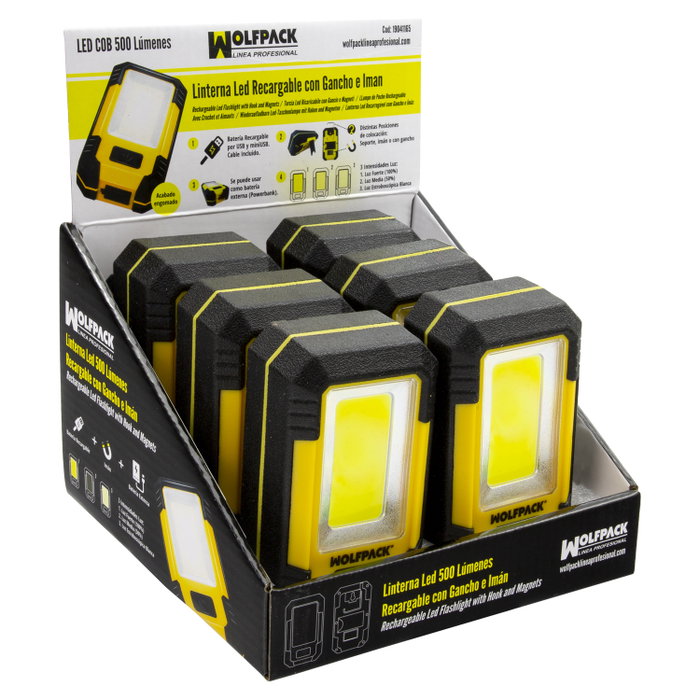 WOLFPACK LINEA PROFESIONAL Lampe LED Rechargeable 500 Lumens avec Aimant, Crochet et Powerbank WOLFPACK LINEA PROFESIONAL Lampe LED Rechargeable 500 Lumens avec Aimant, Crochet et Powerbank