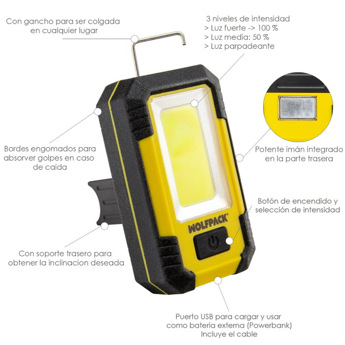 WOLFPACK LINEA PROFESIONAL Lampe LED Rechargeable 500 Lumens avec Aimant, Crochet et Powerbank WOLFPACK LINEA PROFESIONAL Lampe LED Rechargeable 500 Lumens avec Aimant, Crochet et Powerbank