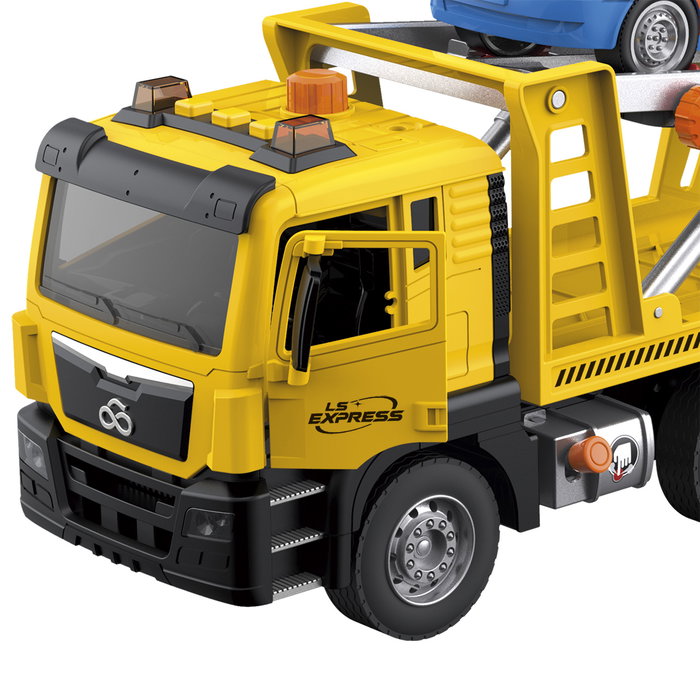 TACHAN Camion grue remorque avec voiture, lumières et sons, échelle 1:10 TACHAN Camion grue remorque avec voiture, lumières et sons, échelle 1:10