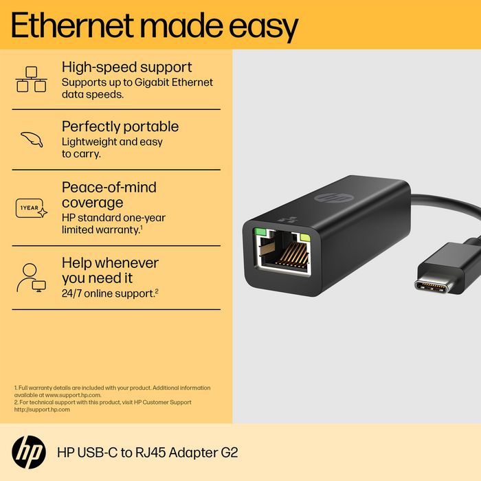 HP Adaptateur USB-C vers RJ45 Gigabit Ethernet G2 - Connexion filaire facile, Plug & Play, pour ordinateur portable et tablette