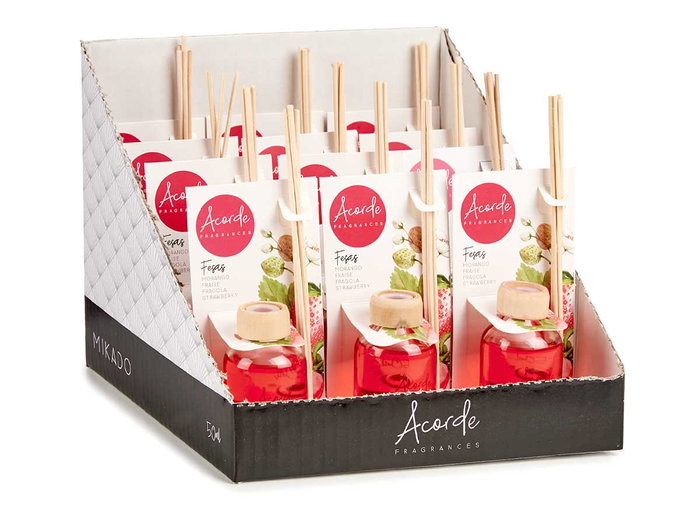 ACORDE Mikado 50 ml avec tige Fraise en verre, rotin, bois et plastique rouge 7x17x5 cm (Set de 12)