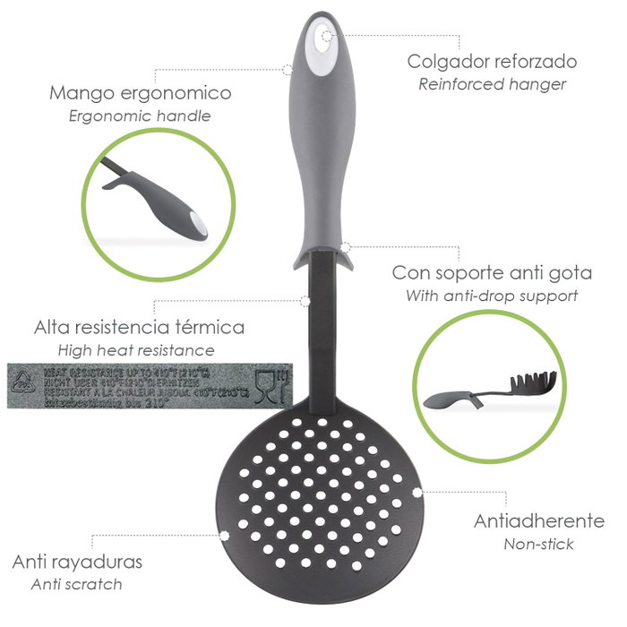 ORYX Écumoire de cuisine en nylon avec manche antigouttes 35 x 11,7 cm