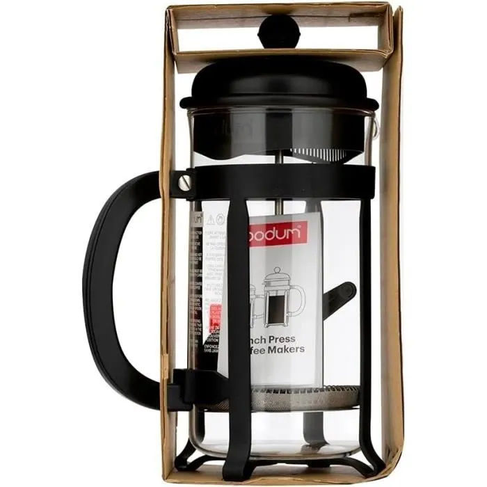 Bodum 1908-01 Cafetière à Piston Java - 8 Tasses (1 L), Verre Borosilicate et Monture Chrome Noir