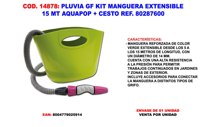 PLUVIA Kit de tuyau extensible Aquapop 15 m avec panier 80287600 PLUVIA Kit de tuyau extensible Aquapop 15 m avec panier 80287600