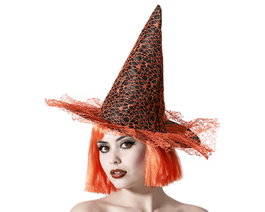 Chapeau de sorcière orange avec toile d'araignée en relief