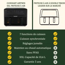 Cuisinart Friteuse sans huile Airfryer AFD10XBLE - Capacité 10,4L Double cuves - 6 modes de cuisson - Noir - 2400W