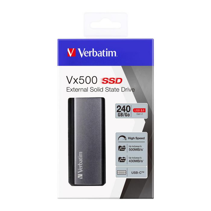 Verbatim Vx500 - Disque SSD externe 240 Go, USB 3.1 Gen 2, vitesses jusqu'à 500 Mo/s, aluminium gris sidéral, câbles USB-A et USB-C inclus