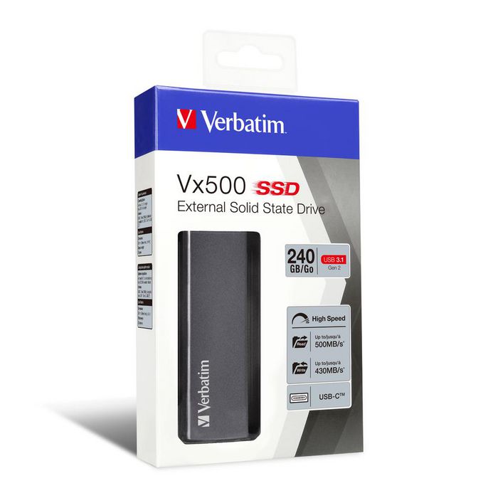 Verbatim Vx500 - Disque SSD externe 240 Go, USB 3.1 Gen 2, vitesses jusqu'à 500 Mo/s, aluminium gris sidéral, câbles USB-A et USB-C inclus