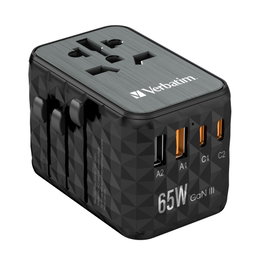 Verbatim UTA-05 Adaptateur de voyage universel GaN III 65W avec 2x USB-C et 2x USB-A