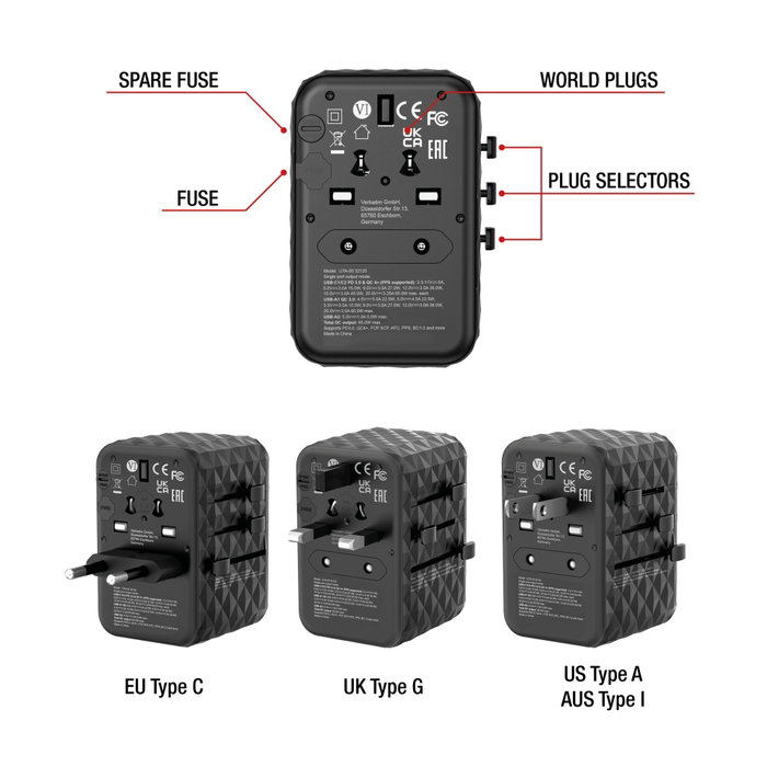 Verbatim UTA-05 Adaptateur de voyage universel GaN III 65W avec 2x USB-C et 2x USB-A