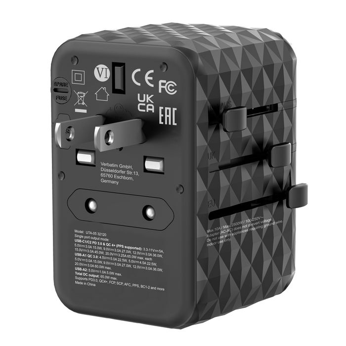 Verbatim UTA-05 Adaptateur de Voyage Universel 65W GaN III avec Prise AC, 2 Ports USB-C PD/QC 4+ et 2 Ports USB-A pour Charge Rapide Multiples Appareils Verbatim UTA-05 Adaptateur de Voyage Universel 65W GaN III avec Prise AC, 2 Ports USB-C PD/QC 4+ et 2 Ports USB-A pour Charge Rapide Multiples Appareils