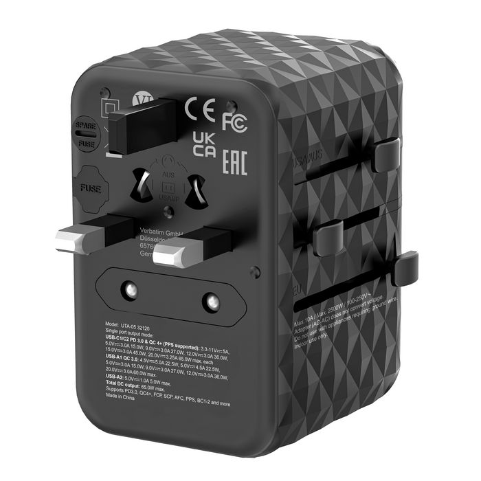 Verbatim UTA-05 Adaptateur de Voyage Universel 65W GaN III avec Prise AC, 2 Ports USB-C PD/QC 4+ et 2 Ports USB-A pour Charge Rapide Multiples Appareils Verbatim UTA-05 Adaptateur de Voyage Universel 65W GaN III avec Prise AC, 2 Ports USB-C PD/QC 4+ et 2 Ports USB-A pour Charge Rapide Multiples Appareils