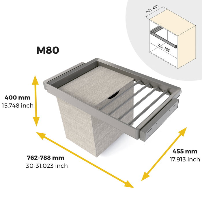 Emuca Kit de porte-pantalon à 7tringles, panier et rack ajustable Quartz pour armoires, glissières extension totale et à fermeture douce, Module 80cm, Finition Titane