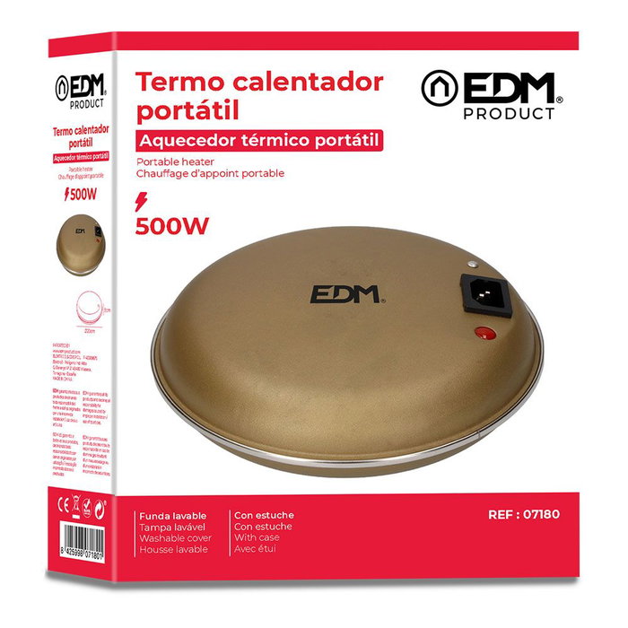 Edm Termocalentador - 500 W - Ø 20 x 5 cm - Autonomie de 2-3 heures - Charge de 4 min - Couleur or vieux - Avec housse lavable
