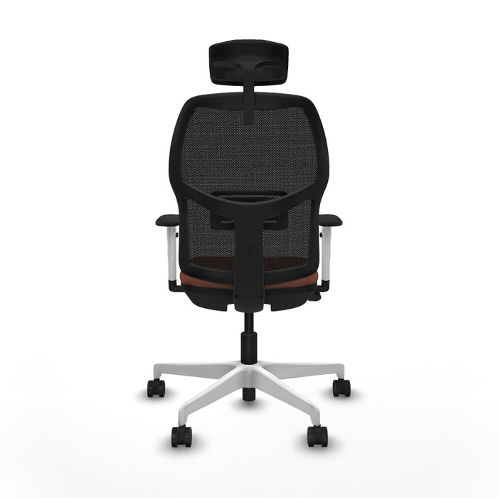 Chaise Alfera Synchrone/Traslack Maille/tissu Marron Maille Noir Structure polyamide blanc Accoudoirs noirs et blancs Appui-tête 2D Roulettes 65mm nylon Chaise Alfera Synchrone/Traslack Maille/tissu Marron Maille Noir Structure polyamide blanc Accoudoirs noirs et blancs Appui-tête 2D Roulettes 65mm nylon