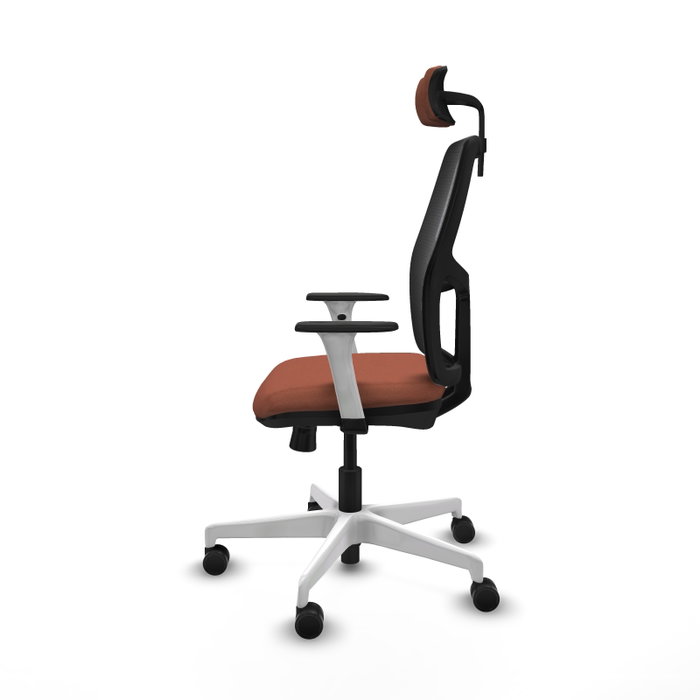 Chaise Alfera Synchrone/Traslack Maille/tissu Marron Maille Noir Structure polyamide blanc Accoudoirs noirs et blancs Appui-tête 2D Roulettes 65mm nylon Chaise Alfera Synchrone/Traslack Maille/tissu Marron Maille Noir Structure polyamide blanc Accoudoirs noirs et blancs Appui-tête 2D Roulettes 65mm nylon