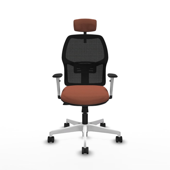 Chaise Alfera Synchrone/Traslack Maille/tissu Marron Maille Noir Structure polyamide blanc Accoudoirs noirs et blancs Appui-tête 2D Roulettes 65mm nylon Chaise Alfera Synchrone/Traslack Maille/tissu Marron Maille Noir Structure polyamide blanc Accoudoirs noirs et blancs Appui-tête 2D Roulettes 65mm nylon