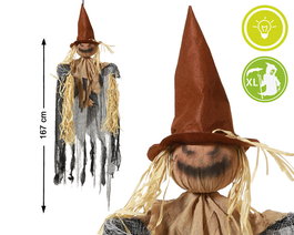 Figurine Épouvantail Avec Chapeau et Éclairage 167 cm - Décoration Halloween Géante et Lumineuse pour Jardin, Terrasse ou Entrée
