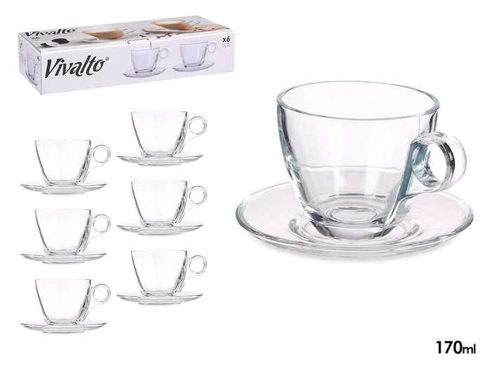 Vivalto Tasse à Café en Verre 170 ml avec Sous-tasse 12x8x12 cm (Set de 24) Vivalto Tasse à Café en Verre 170 ml avec Sous-tasse 12x8x12 cm (Set de 24)
