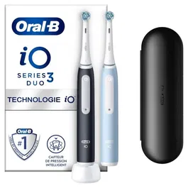 Oral-B iO 3 Lot de 2 Brosses à Dents Électriques Rechargeables Noire et Bleue avec 2 Brossettes et Étui de Voyage