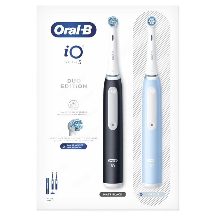 Oral-B iO 3 Lot de 2 Brosses à Dents Électriques Rechargeables Noire et Bleue avec 2 Brossettes et Étui de Voyage