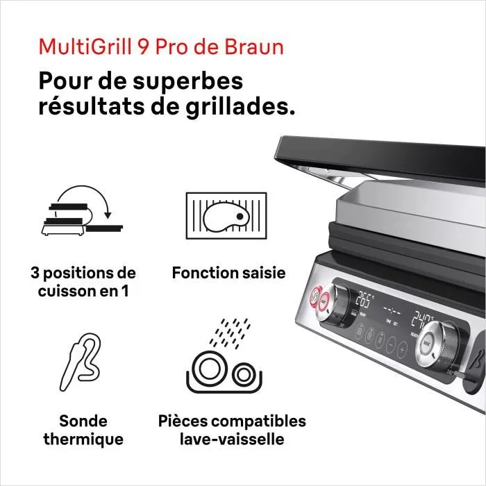 Braun Multi Grill 9 Pro - Grill multifonction 2200 W avec 3 positions de chauffe, sonde thermique et bac à jus intégré - Noir/Acier