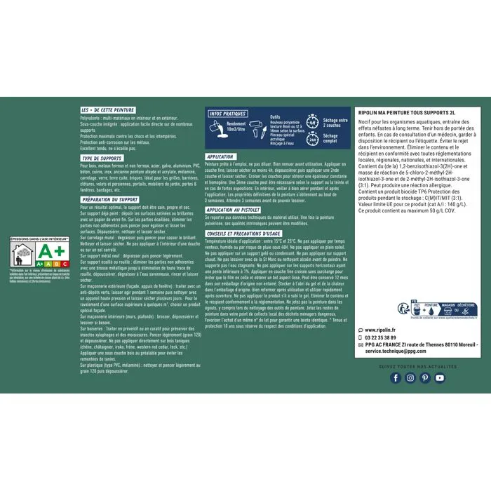 Ripolin - Peinture multi-supports mat vert cèdre RAL 6000 - Application sur bois, métal, béton, PVC - Résiste aux UV et intempéries - 2 litres
