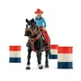 Schleich 42576 Farm World - Figurine Cowgirl avec cheval et tonneaux de course, coffret 7 pièces - Figurine ferme et western