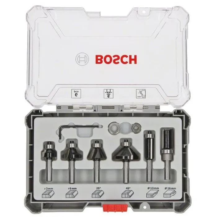 Bosch Professional - 2607017468 - Coffret de 6 fraises à araser, chanfreiner, arrondir à queue de 6 mm pour bois et dégâts portatifs