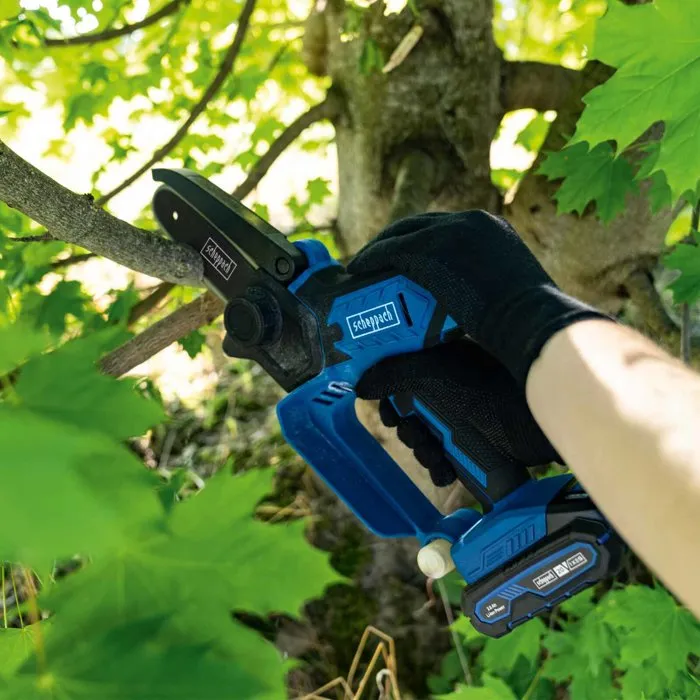 Scheppach C-PS100-X SET S - Scie de jardin sans fil 20V avec 2 batteries IXES 2Ah et chargeur double - Taille arbres, buissons, déchets verts - Longueur de coupe 127 mm