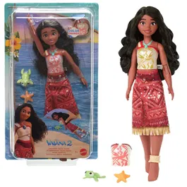 Disney Princess Poupée Vaiana Nageuse JFF09 - Vaiana 2 - Corsage Magique qui Change de Couleur au Contact de l'Eau avec 15 Accessoires, 8 cm, à Partir de 3 Ans